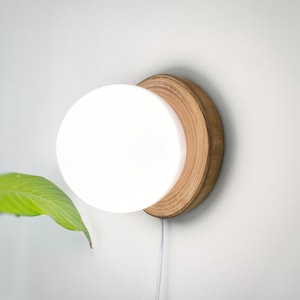 Plug in wall minimal wooden and white globe sonce, wall light plug in, handmande pendant light, round mid century scandinavian sconce lamp
