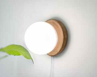 Plug in wall minimal wooden and white globe sonce, wall light plug in, handmande pendant light, round mid century scandinavian sconce lamp