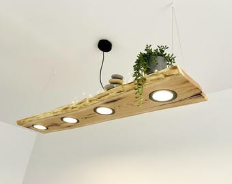Live Edge Oak Wood Ceiling Lamp, Handmade Wooden Pendant Light with LED lights, Rustic Chandelier for Living Room, Kitchen island downlights
