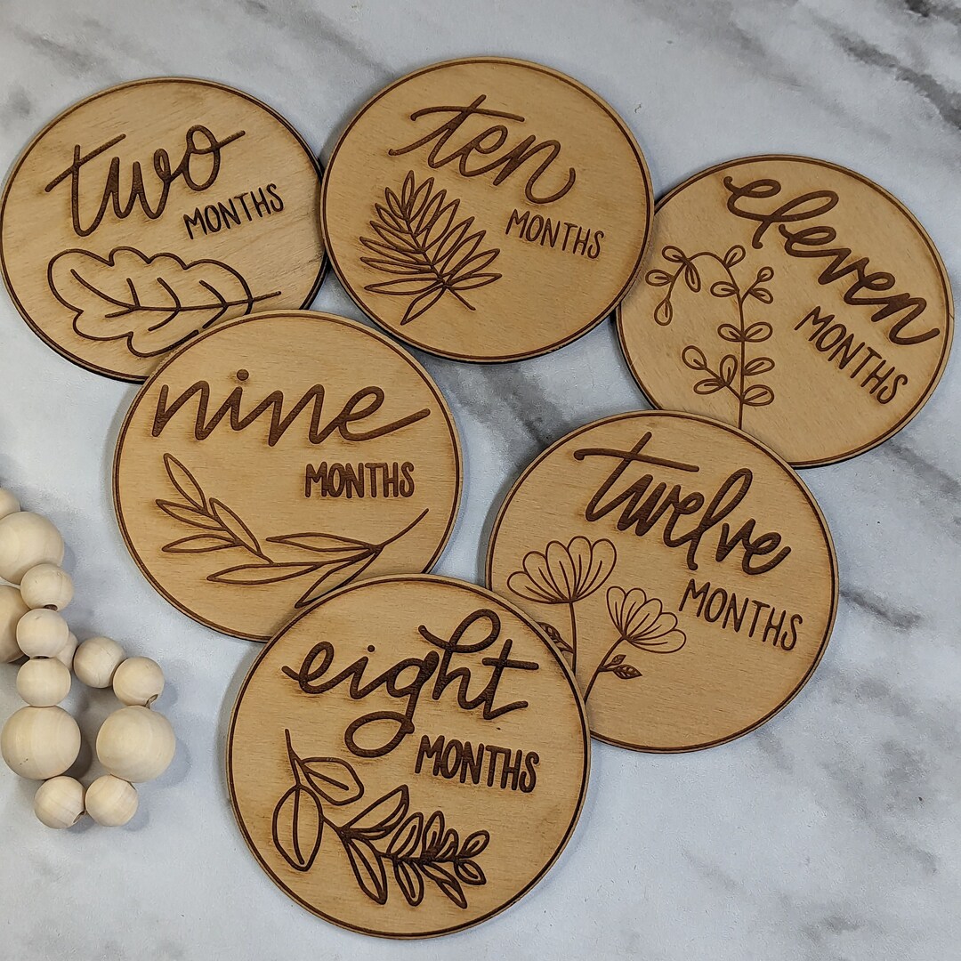 Wood Engraved Baby Milestone Discs | Botanical Design, Plant Parent ...
