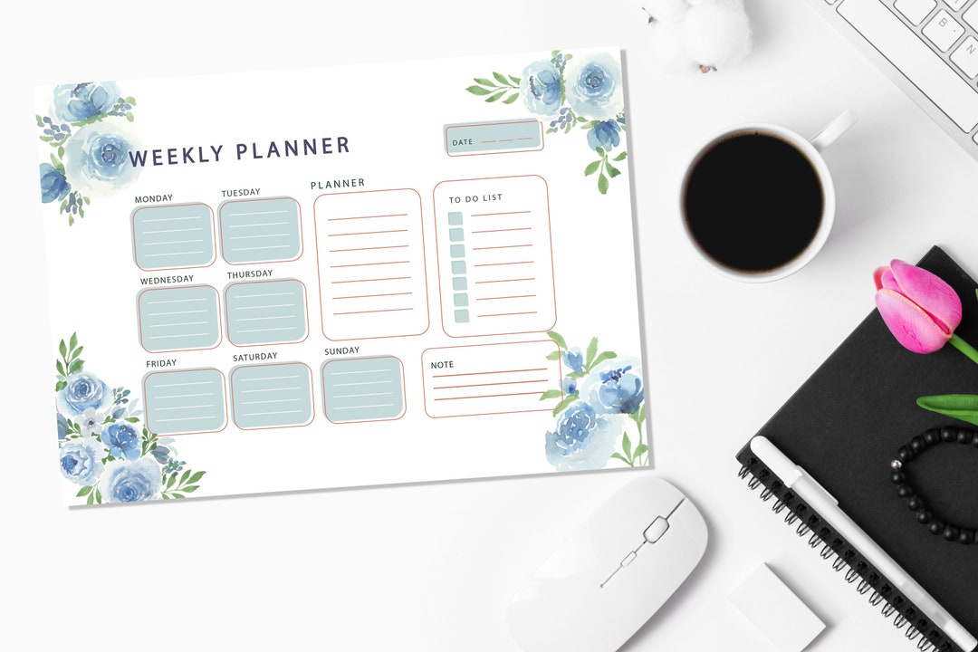 Blue Floral Weekly Planner, Printable Floral Planner, Digital Download ...