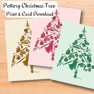 Puede incluir: Tres impresiones artísticas con diseños de árboles de Navidad hechos con herramientas de cerámica. Las impresiones son en crema, rosa y verde menta. El texto en la parte superior dice "Pottery Christmas Tree Print & Card Download".