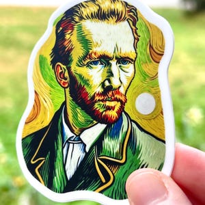 May include: A sticker featuring a colorful portrait of Vincent van Gogh, with a swirling background reminiscent of his famous Starry Night painting. The sticker is printed on white vinyl and has a glossy finish.