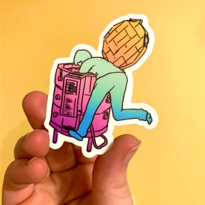 May include: A rainbow gradient sticker of a person carrying a large, pink, and purple container with a lid. The person is wearing a blue and green outfit and has a yellow, orange, and red hat.