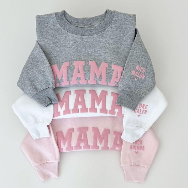 Sudadera rosa de mamá con nombres de niños / Letras abullonadas / Letras en relieve / Regalo para mamá / Suéter rosa de mamá
