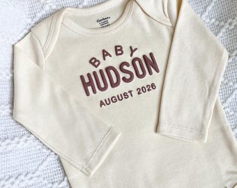 Custom Pregnancy Announcement Bodysuit with Puff Writing / Personalized Baby Name Bodysuit / Puff Baby Announcement ONESIE® brand bodysuit