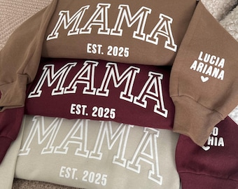 Sudadera con capucha personalizada para mamá con nombres de niños / Letras abullonadas / Letras en relieve / Regalo de Navidad para mamá / Sudadera para mamá / Nombres en la manga