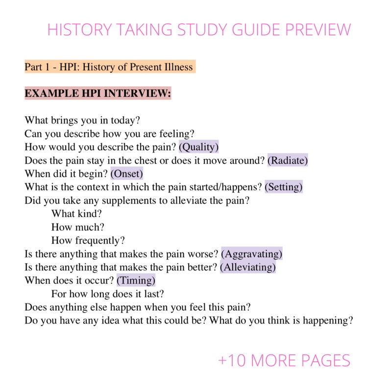 Medical History Taking PDF Study Guide / Medical History Etsy