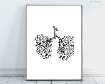 Lung Wall Art / Anatomía de los pulmones / Pulmones con flores / Decoración de la ciencia / Anatomía pulmonar / Pulmón blanco y negro / Arte de enfermería / Arte de anatomía