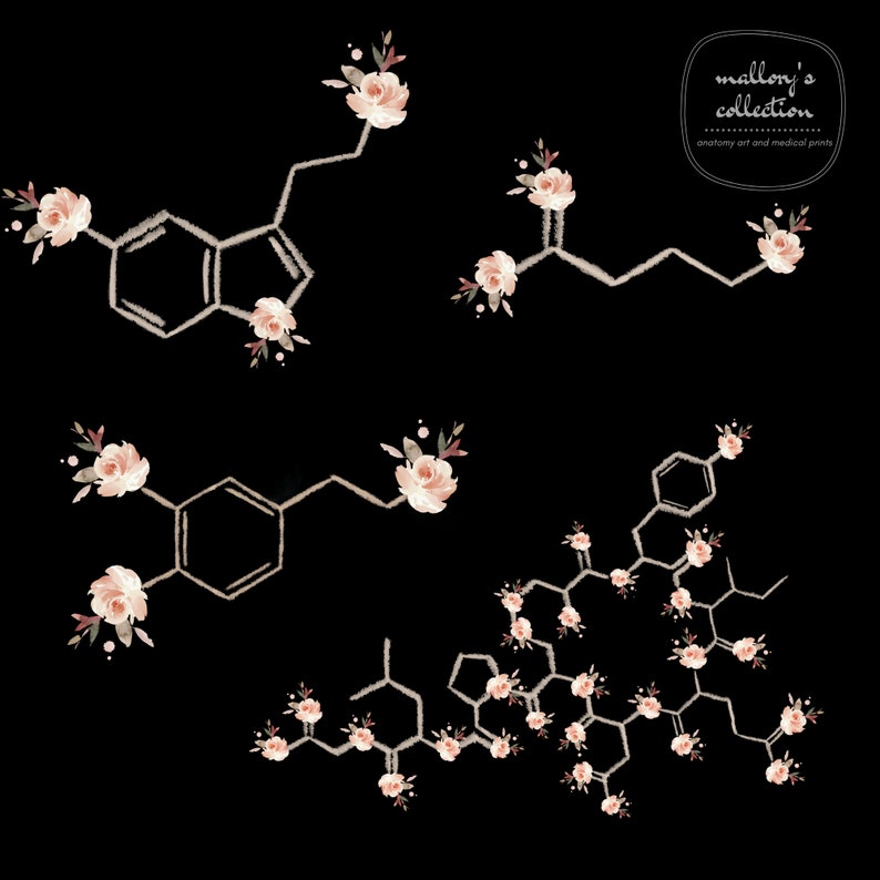 May include: A digital illustration of five different chemical structures with pink flowers attached to each structure. The text "mallory's collection anatomy art and medical prints" is in the upper right corner of the image.