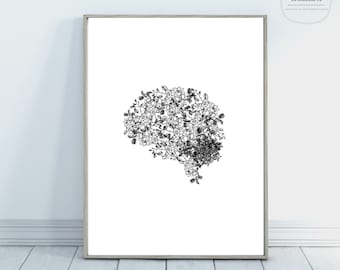 Arte de la pared cerebral / Anatomía del cerebro / Cerebro con flores / Decoración de la ciencia / Anatomía del cerebro / Cerebro en blanco y negro / Arte de la enfermera / Arte de la anatomía