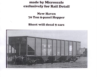 May include: Black and white photograph of a New Haven 70 Ton 9-panel Hopper model railway wagon. The wagon has the number "80 516" printed on the side. The text "Decal Set NH001" is printed at the bottom of the image.