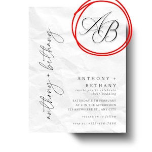 May include: A wedding invitation with a minimalist design. The invitation features the names "Anthony + Bethany" in elegant script, along with event details. A circular monogram with the letters "AB" is at the top.