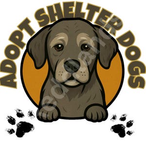 Op de afbeelding: Een cartoonafbeelding van een bruine hond met een verdrietige uitdrukking, geplaatst tegen een oranje cirkel. De tekst "ADOPT SHELTER DOGS" is in een boog geplaatst. Zwarte pootafdrukken staan onderaan. De afbeelding promoot dierenadoptie.