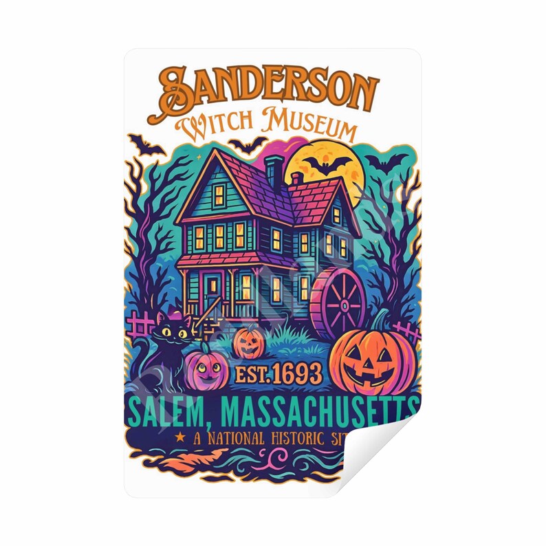 May include: A colorful sticker featuring the Sanderson Witch Museum in Salem, Massachusetts. The design includes a spooky house, pumpkins, a black cat, bats, and the text "EST. 1693". A National Historic Site.