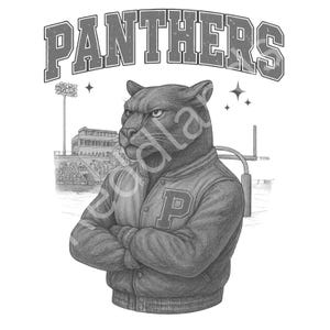 Puede incluir: Ilustración en blanco y negro de una pantera con una chaqueta universitaria con la letra "P". La palabra "PANTHERS" está encima de la pantera. La pantera tiene los brazos cruzados frente a un campo de fútbol.