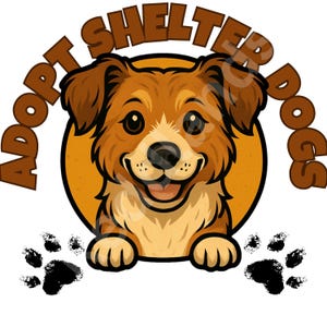 Op de afbeelding: Een cartoon illustratie van een lachende hond met bruine en bruine vacht, tegen een gele cirkel. De woorden "Adopt Shelter Dogs" zijn rond de hond gebogen. Zwarte pootafdrukken staan onderaan.