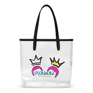 May include: Clear tote bag with black handles and trim. The bag features a graphic of two cartoon faces with crowns and the text "STUDDBUZ You can't guard vibes" in a colorful design.