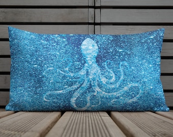 Ocean Octopus Pillow, Coastal Throw Pillow, Nautical Decor Cushion, Beach House Accent, Blue Sea Art Pillow, Marine Life Decor