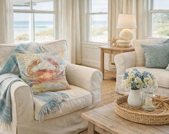 Crab Throw Pillow Coastal Decor, Nautical Beach Pillow, Ocean Inspired Cushion, Seaside Living Room Accent