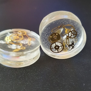 25mm Steampunk Ear Plugs with Gold & Silver Cogs/Watch Parts with Silver Foil in Epoxy Resin (1 inch)