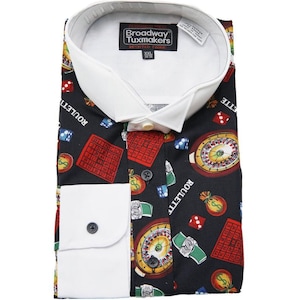 May include: A black dress shirt with a white collar and cuffs. The shirt has a casino themed print with images of dice, roulette wheels, money bags, and playing cards.