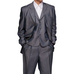 Men&#39;s 3 Pc Slim Fit Gray Shiny Sharksin Dress Suit Includes Jacket Pants Vest New Vintage