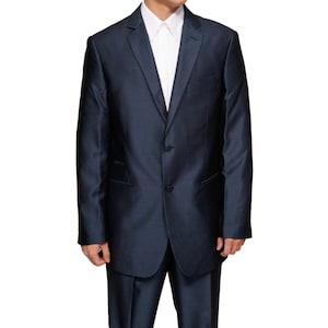 Mens 3 Pc Slim Fit Navy Shiny Sharkskin Dress  Suit Includes Jacket Vest Pants