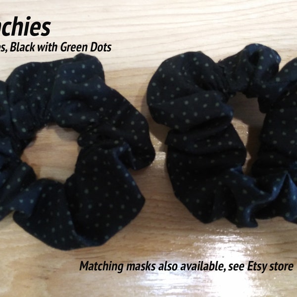 Polka Dot Hair Scrunchies - 2 handmade hair ties, black with green dots -  Makes cute pony tail, matching masks also available!