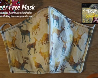 Deer Face Mask - Handmade & reversible cotton mask with nose wire, adult medium. Features bucks on one side, animal tracks on the other.