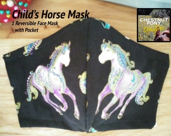 Purple Horse Mask - Handmade & reversible with nose wire, size small. Lavender ponies dance on black background. Matching accessories avail.