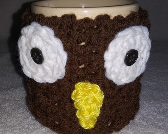 Owl Cozy for coffee cup - Cute little way to keep beverages warm with crochet cup sleeve. Fots average coffee cup.