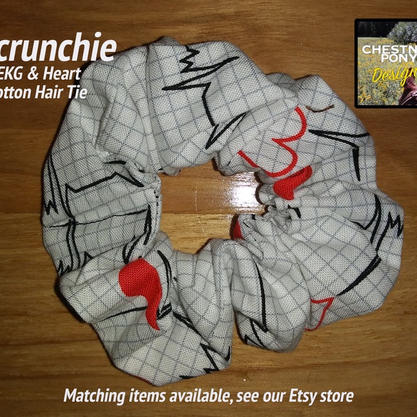 EKG Heart Scrunchie - Cotton hair tie for cute pony tails! Handmade with medical themed print fabric to match masks in our Etsy shop.