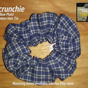 Blue Plaid Scrunchie - Cotton hair tie for cute pony tail. Handmade, see matching masks on our Etsy page.