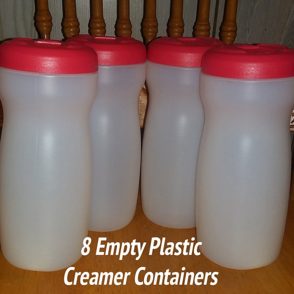 Containers for Crafting or Storage - 8 round plastic creamer jugs great for indoor and outdoor projects. Same size with lids, empty & washed