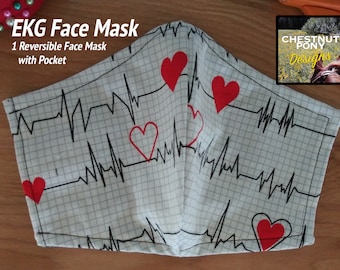 EKG Face Mask - Handmade & reversible cotton mask with nose wire, adult medium. Fabric features medical chart hearts backed with blue plaid.