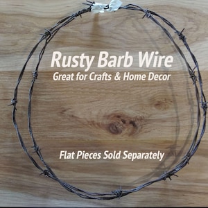 May include: A circle of rusty barb wire on a wooden surface. The text "Rusty Barb Wire" and "Great for Crafts & Home Decor" is printed below the wire. The text "Flat Pieces Sold Separately" is printed below the text.