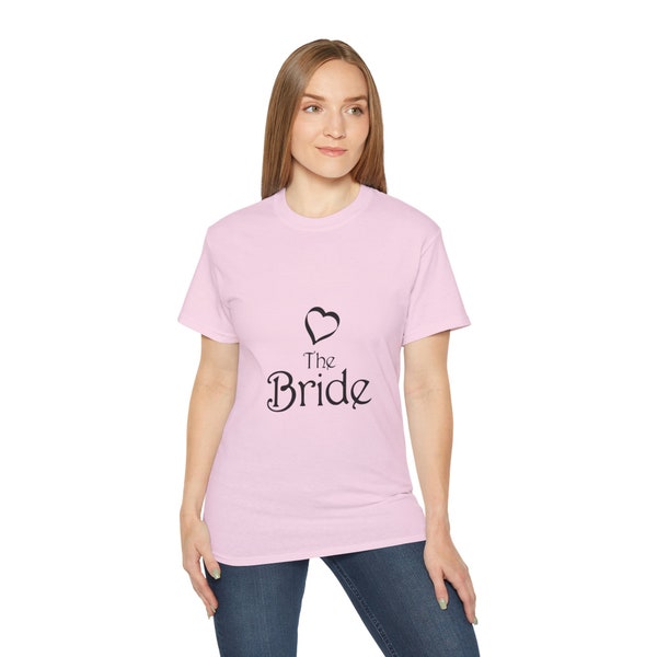 The Bride Cotton Tee, perfect for wedding, bachelorette party, engagement event, rehearsal dinner, shower, small - 5X, matching shirts avail