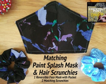 Blue Tie Dye Mask & Scrunchie Set - Adult medium with reversible mask and 2 matching hair ties from same fabric!