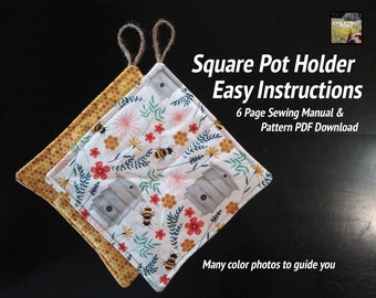 Easy Quilted Pot Holder Pattern - Sew your own! Instant pdf download, great for beginners & kids, 7" square instructions, simple + photos