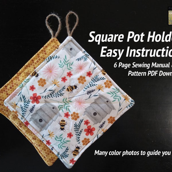 Easy Quilted Pot Holder Pattern - Sew your own! Instant pdf download, great for beginners & kids, 7" square instructions, simple + photos