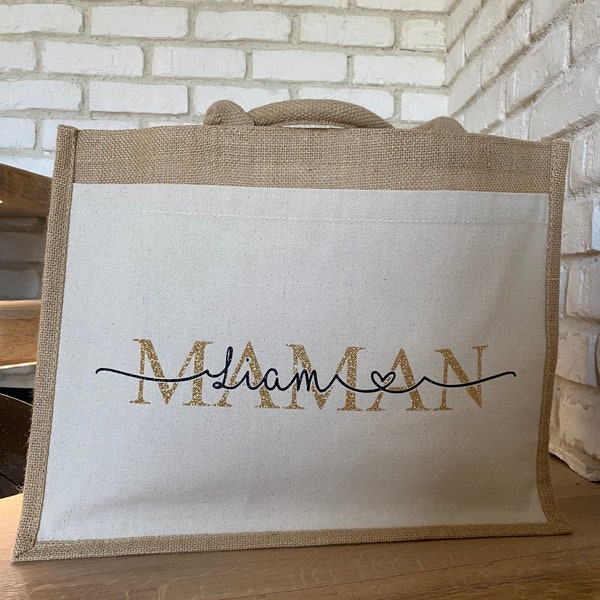 Sac jute et coton personnalisé Mamie/Maman/Marraine/Tata