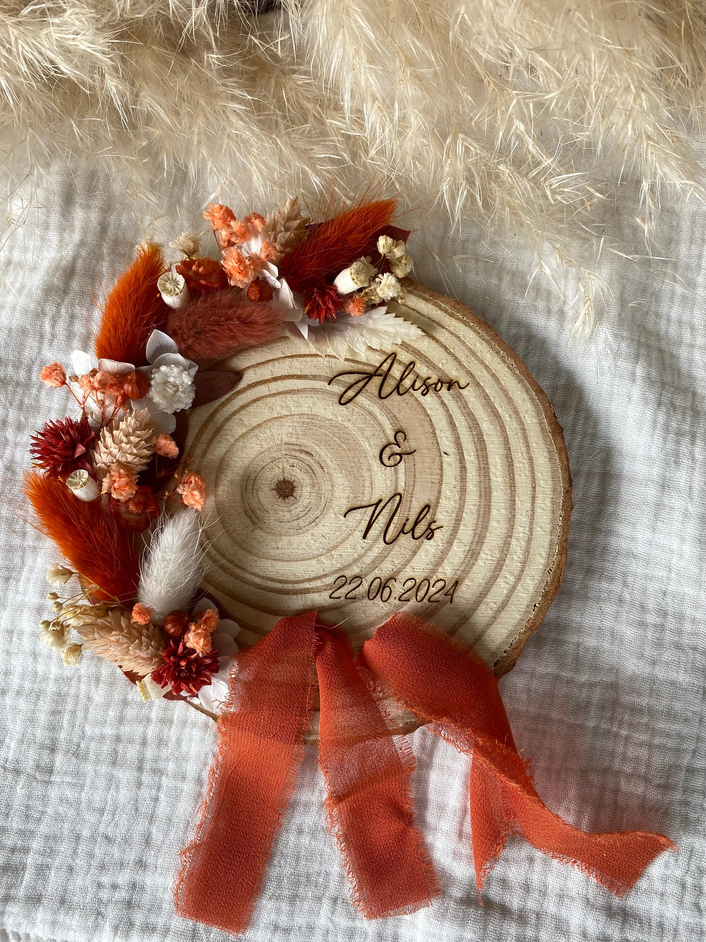 Porte alliance personnalisé en fleurs terracotta et blanc – Idée cadeau unique