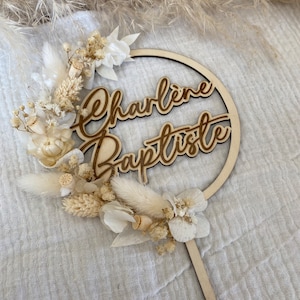 cake topper bois et fleurs stabilisées Blanc