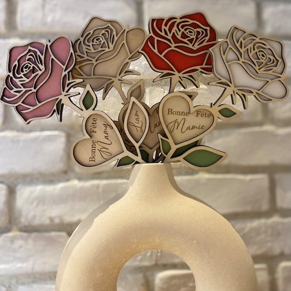 Rose en bois personnalisée, fête des Mamies/Mères