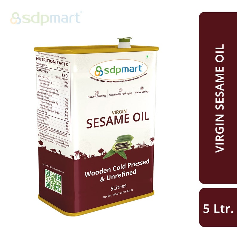 May include: A 5-liter can of virgin sesame oil. The can is red and gold with a label that says "Virgin Sesame Oil" and "Wooden Cold Pressed & Unrefined".