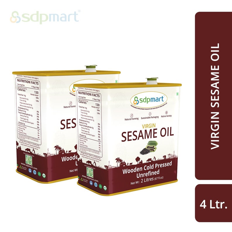 May include: Two 2-liter bottles of Virgin Sesame Oil, wooden cold pressed and unrefined. The bottles are labeled with the brand name "Ssdpmart" and have a nutrition facts label. The bottles are on a white background.