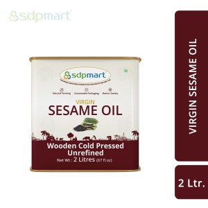 May include: A white can with a gold lid and a brown label. The label says "Ssdpmart" and "Virgin Sesame Oil" in large, bold letters. The label also says "Wooden Cold Pressed Unrefined" and "Net Wt: 2 Litres (67 fl.oz)".