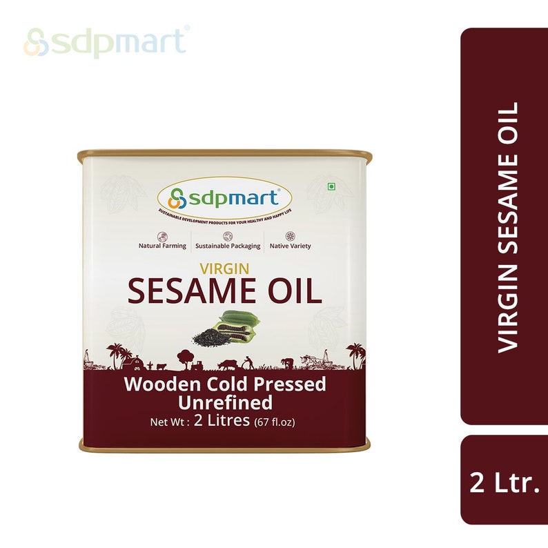 May include: A white can with a gold lid and a brown label. The label says "Ssdpmart" and "Virgin Sesame Oil" in large, bold letters. The label also says "Wooden Cold Pressed Unrefined" and "Net Wt: 2 Litres (67 fl.oz)".