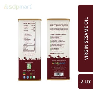 May include: A 2-liter can of virgin sesame oil. The can is red and white with the words "Virgin Sesame Oil" in large, white letters. The can also has a nutrition facts label and information about the product's origin and distribution.